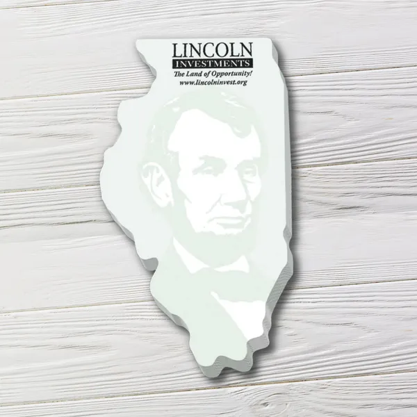 Custom die-cut scratch pad in white and green, 4" x 7" promotional notepad.