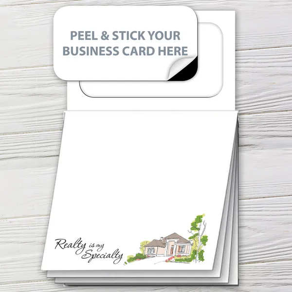 Custom Magnetic Realty Sticky Pad, 3.5" x 5.5" Promotional magnetic sticky pad with house illustration, white and tan color scheme, custom notepad for realty professionals.