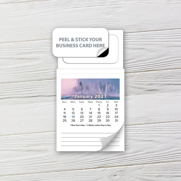 12-month tear-off magnetic calendar with winter forest cover, white base, blue text, custom notepad