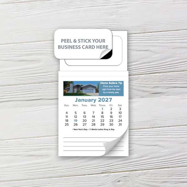 12-Month Tear-Off Magnetic Calendar with peel-and-stick business card slot, white cover, blue accents, promotional product