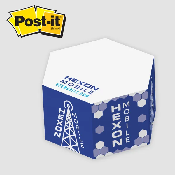 Custom printed notes cube with hexagon design in navy blue and white color scheme