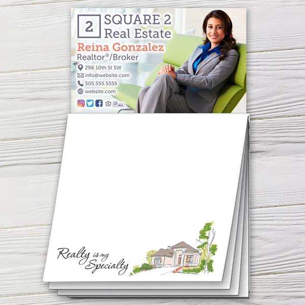 Custom notepad magnet with realtor business card design, white with green accents
