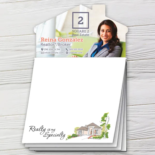 Magna-Note House Magnet - Stock Realty House-shaped custom notepad magnet with green and white design, professional realtor promotional product