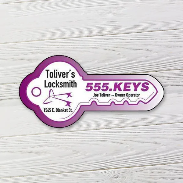 Purple and white key-shaped magnet promotional product, 3.5x1.75 inches
