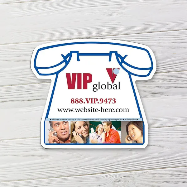 Telephone shaped magnet promotional product, blue and white, 4.5" x 3.9375