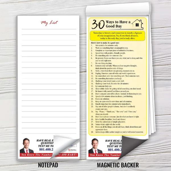 Custom magnetic notepad featuring yellow and white design with 30 motivational tips and blank list section.