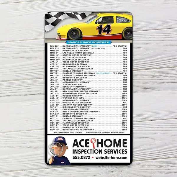 Yellow NASCAR race schedule magnet, 4x7 custom promotional product with rounded corners