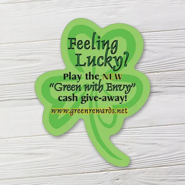Green clover shamrock shape magnet 2.5x3 custom promotional product white wood background