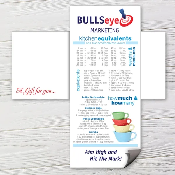 Kitchen equivalents custom notepad with blue and red text on white background with measuring conversion chart