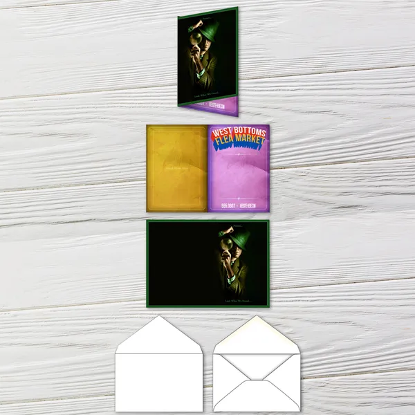 Folded greeting card 3.5x5 with envelopes, custom notepad, white and colorful design scheme.