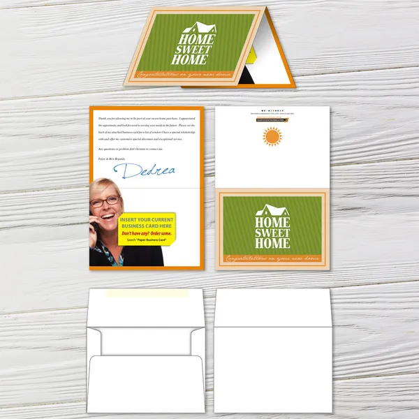 Custom 7x5 folded greeting card with business card slits, orange and green color scheme, includes envelopes.