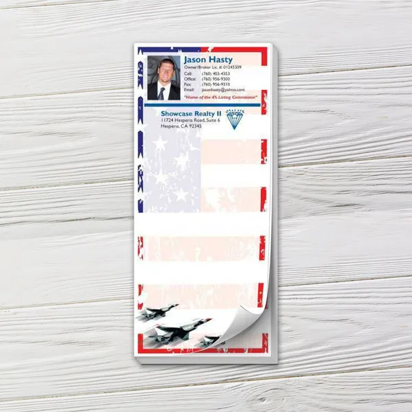 Custom notepad with patriotic red, white, and blue jets design, 4x9 inches.
