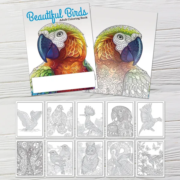 Custom Beautiful Birds Adult Coloring Book with intricate line art designs and colorful parrot cover