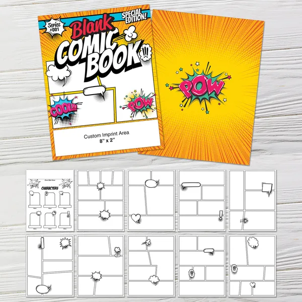Custom Imprinted Blank Comic Book - 24 Blank comic book custom notepad with yellow cover and sample interior pages featuring comic panels and speech bubbles.