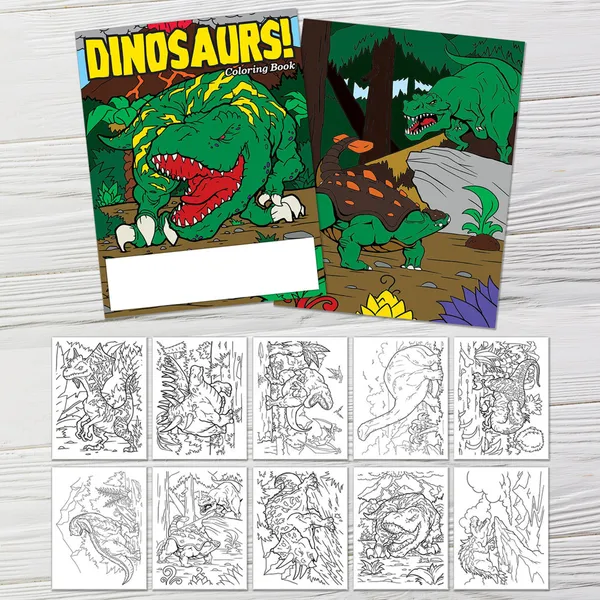 Custom dinosaur coloring book with green T-Rex and sketch pages, promotional giveaway notepad