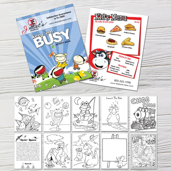 Custom 24-Page Coloring Book - Premium Custom imprinted 24-page coloring book with activity pages and kids menu promotional product