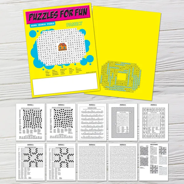 Custom imprinted puzzle activity book with yellow cover and colorful word search, crossword, and maze puzzles inside.