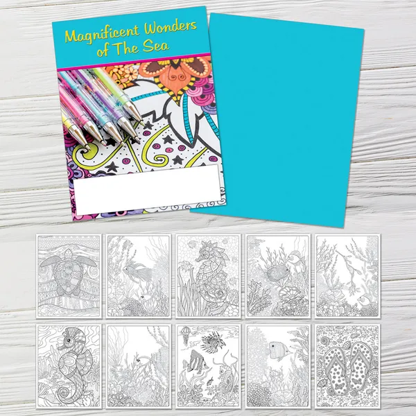 Custom Sea Life Coloring Book Sea life coloring book with turquoise cover and intricate underwater designs, custom promotional product.