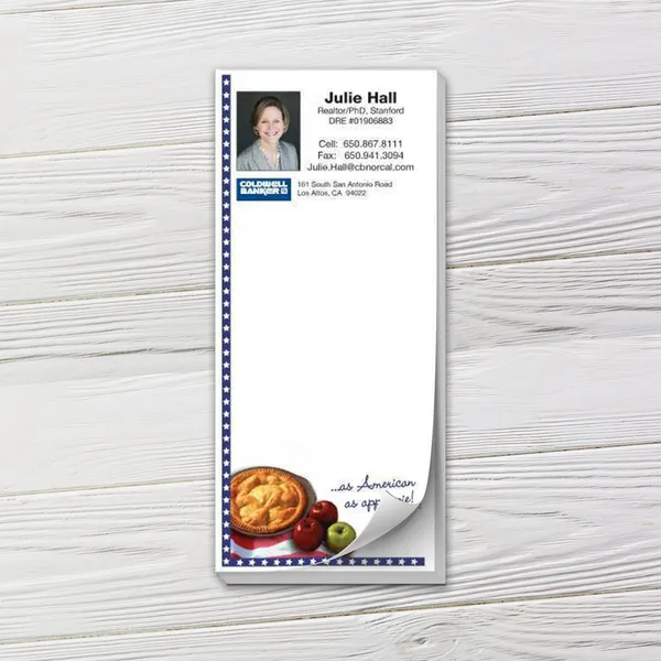 Custom 4th of July notepad with patriotic stars border and American pie design in red, white and blue.