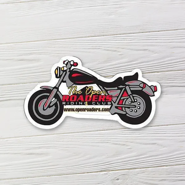 Motorcycle-shaped magnet, 4.25"x2.25", red and black promotional product for custom branding