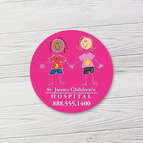 Pink 2.5 inch circle magnet with children's illustration design, promotional product