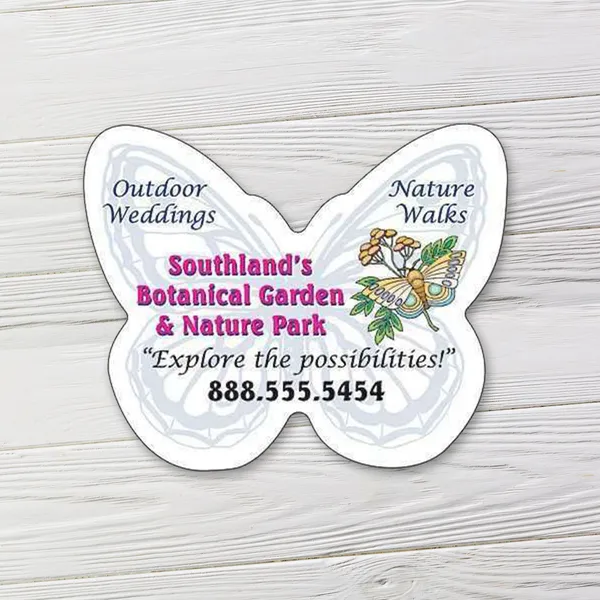 Butterfly-shaped magnet promotional product, white with colorful design, 2.75"x2.5