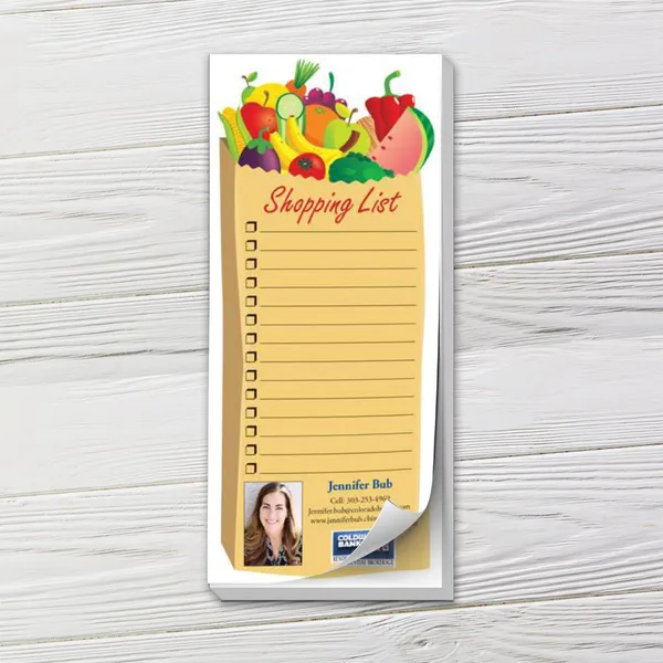 Full color shopping list notepad with colorful produce design and yellow background, custom promotional product