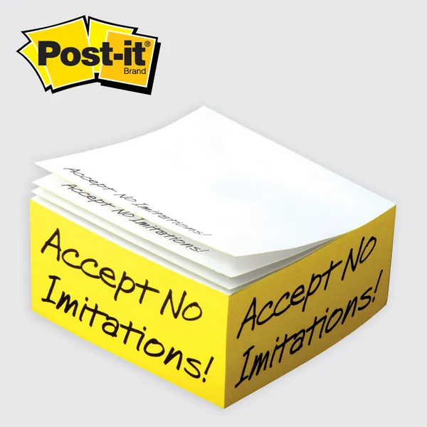 Custom Post-it® Note Half Cube, 4" x 4" x 2" Yellow custom notepad half-cube 4x4x2 inch with white notes and black text