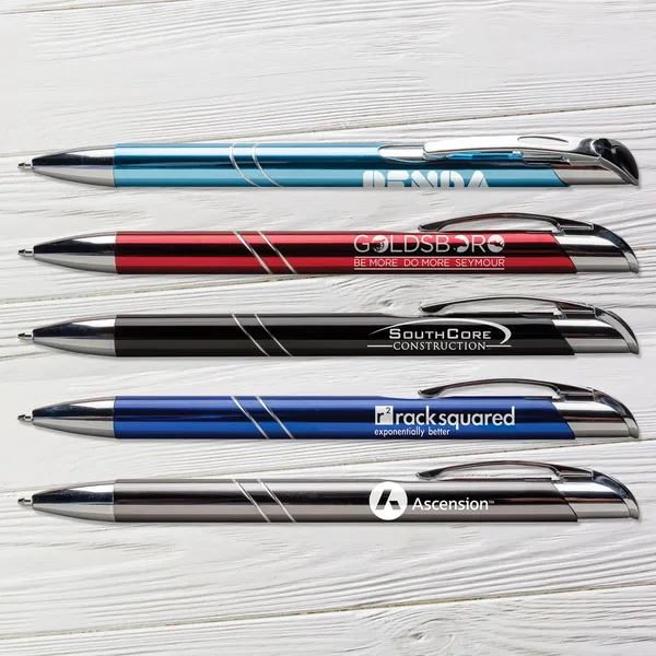 Top Cat Metal Pen in blue, red, black, and navy promotional pens on white wood surface