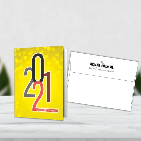 Happy New Year promotional greeting card, 5x7, yellow with 2021 design and printed envelope