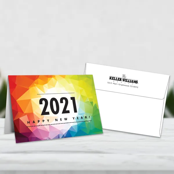 Colorful geometric Happy New Year greeting card with rainbow gradient design, 5x7 custom notecard with printed envelope