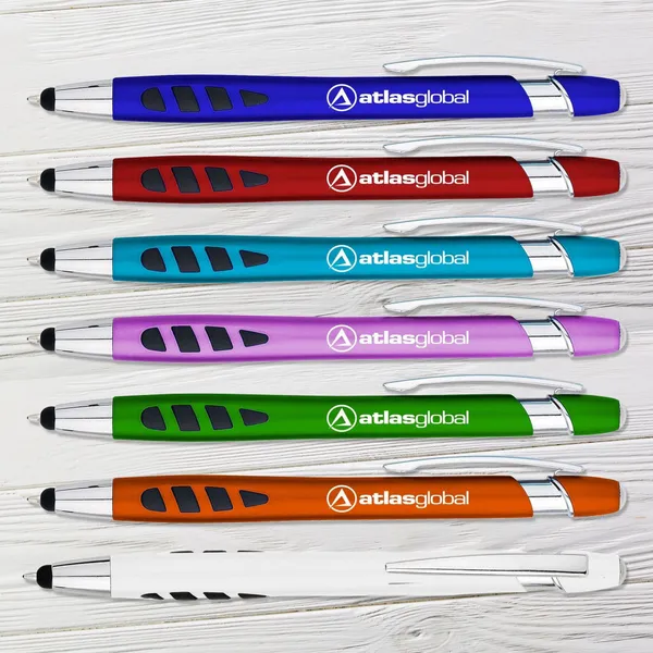 Marquis Stylus pens in blue, red, teal, purple, green, orange and white promotional products
