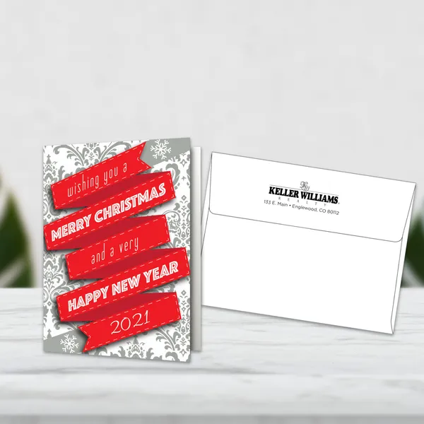 Custom holiday greeting cards, 5x7, red ribbons on gray damask pattern with envelopes