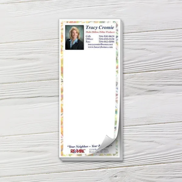Colorful custom notepad with rainbow border design, professional headshot photo layout
