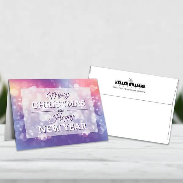 Holiday greeting cards 5x7 with printed envelopes, purple pink gradient custom notepad design