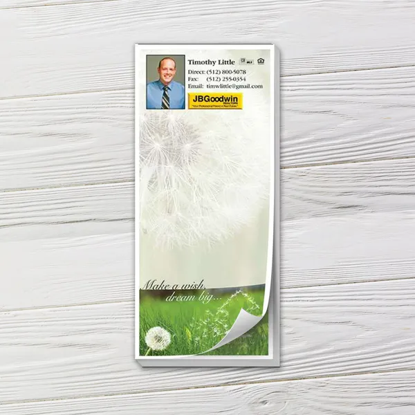 Custom notepad with dandelion design, green grass, white top section, professional layout