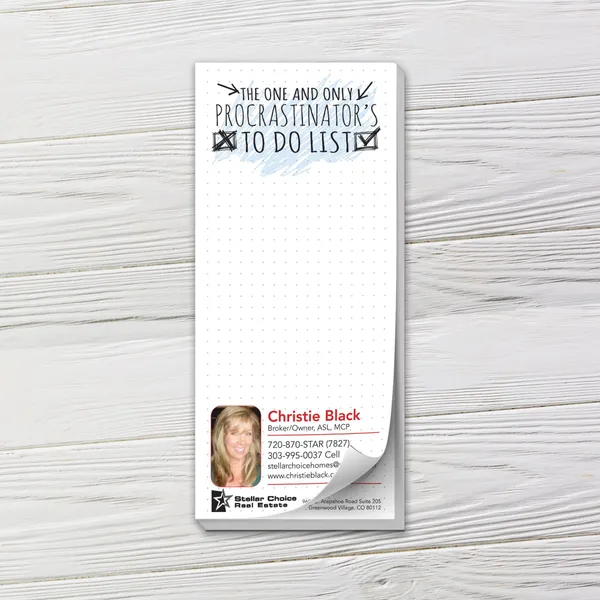 Custom notepad with procrastinator to-do list design, white background, black text, blue accents, dotted grid layout.