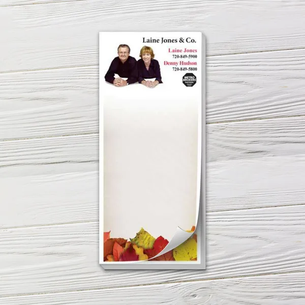 Custom notepad with fall leaves design, white background, promotional product