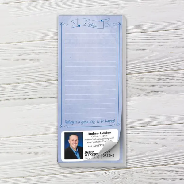 Blue Happy Notes custom notepad with lined list pad design and motivational message