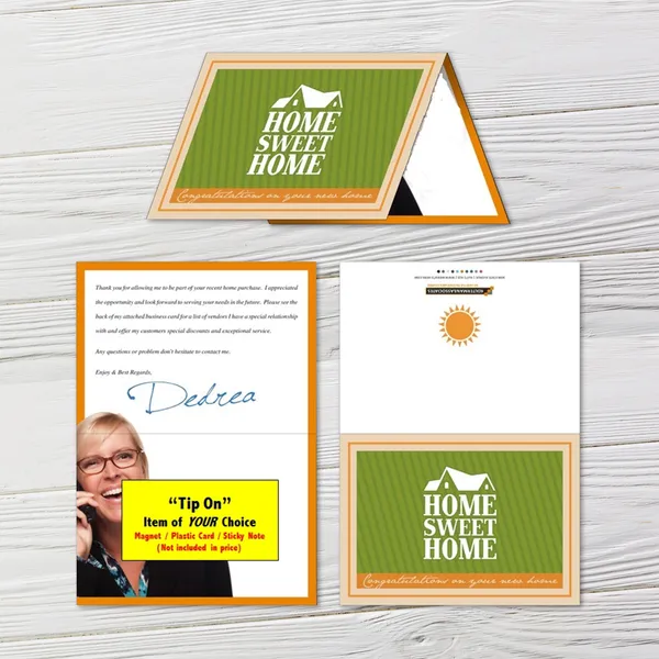 Small folded postcard custom notepad, green and orange design, 4.25x5.75 inches