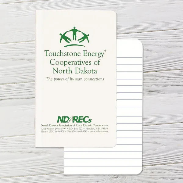 White 3x5 side stapled memo book with green text and ruled pages, custom notepad