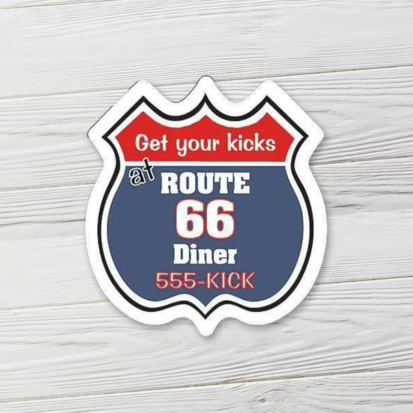 Road sign shaped magnet, 2.35x2.5 inches, red white and blue promotional product