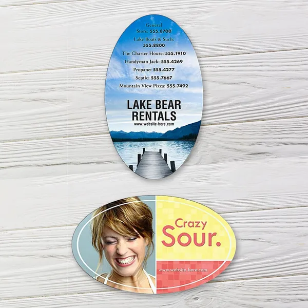 Oval shape custom magnet 3x5 inches with blue lake landscape and colorful design on white background.