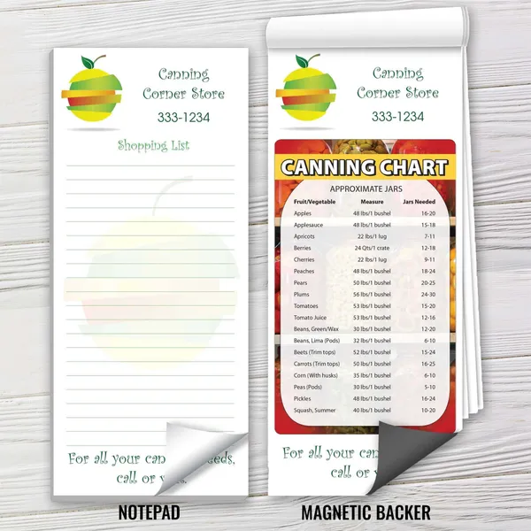 Custom magnetic notepad with canning chart reference, white background, colorful fruit design