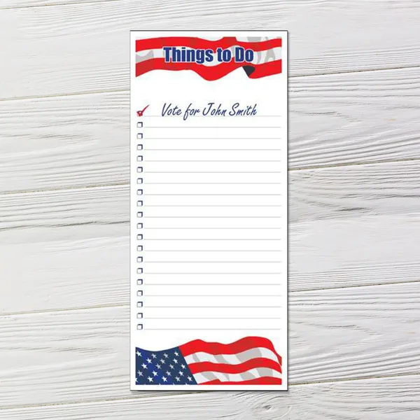 Election campaign promotional notepad with red, white, and blue patriotic design