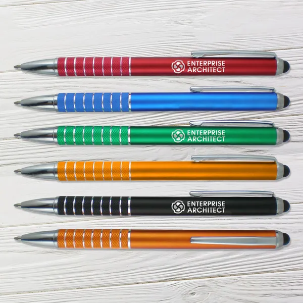 Morella Stylus pens in red, blue, green, orange, and black promotional product colors