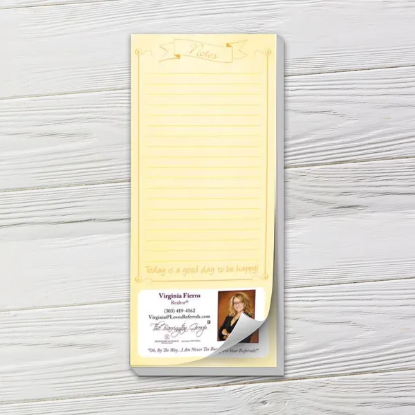 Yellow lined custom notepad with happy notes design and contact section, 3.5x8.5 inches