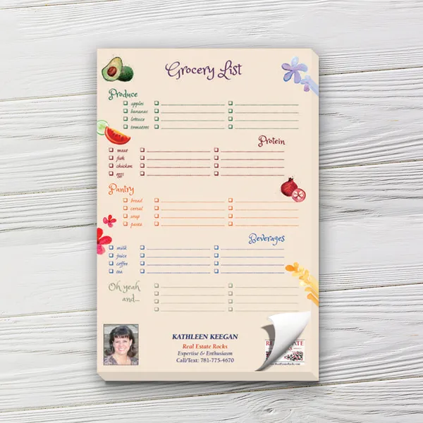 Large shopping list notepad pad with cream background and colorful produce illustrations, custom promotional product.