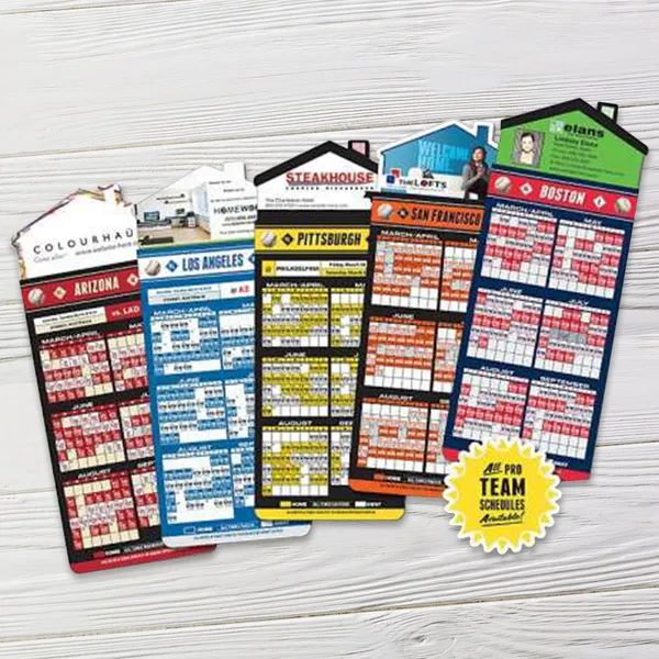 House-shaped baseball schedule magnets in red, blue, yellow and green colorways, 3.5x9 promotional products.