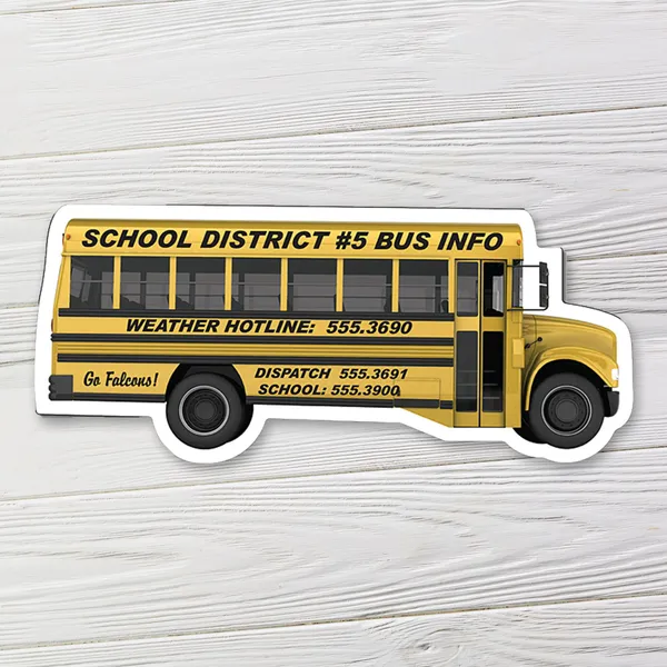 Yellow school bus shaped magnet, 4.88"x2.12", promotional product with black text and white border.